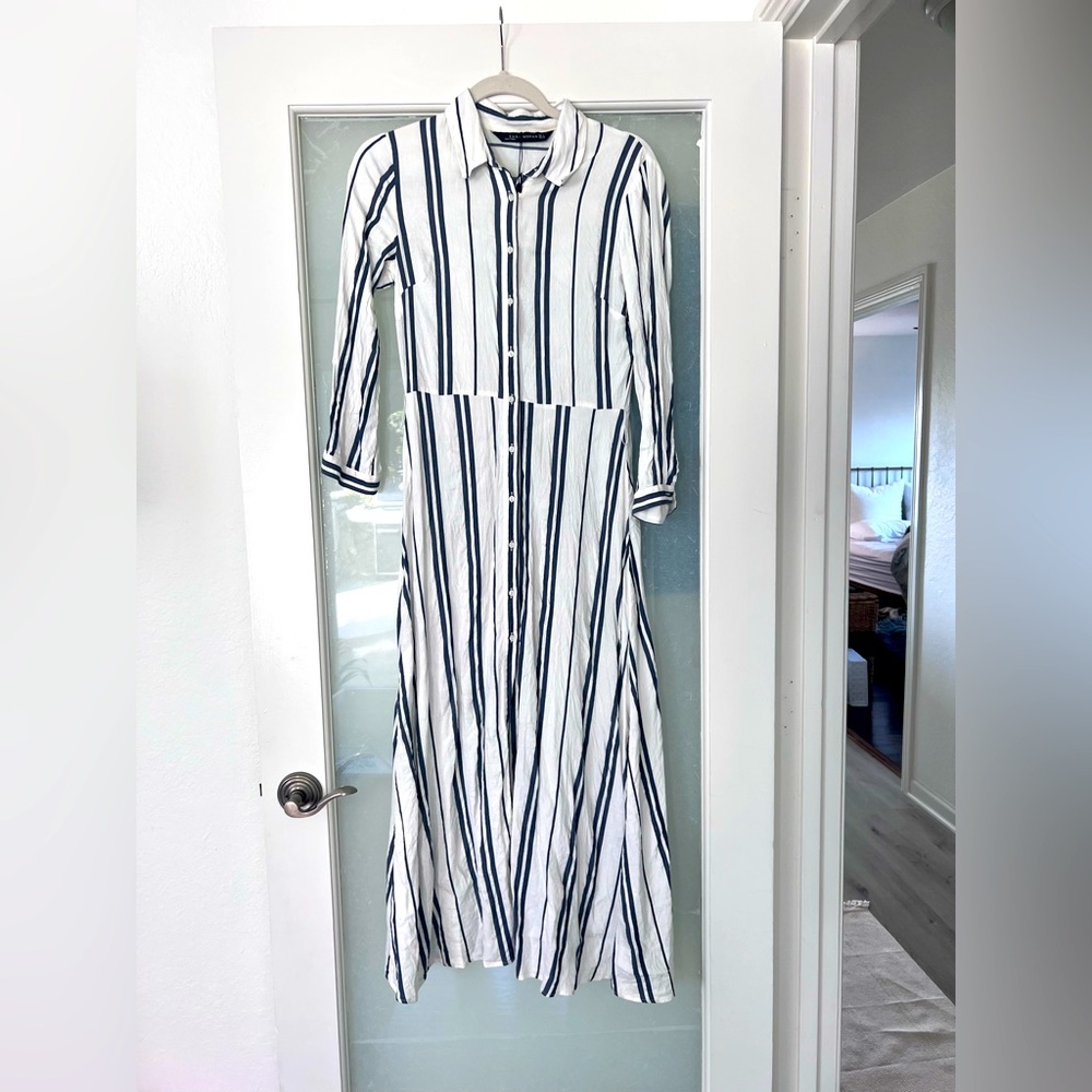 Zara Linen Striped Midi shirt dress